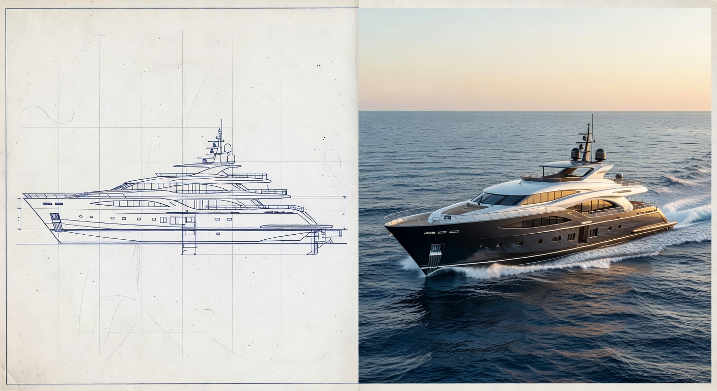 Architectural blueprint and rendering of a custom yacht