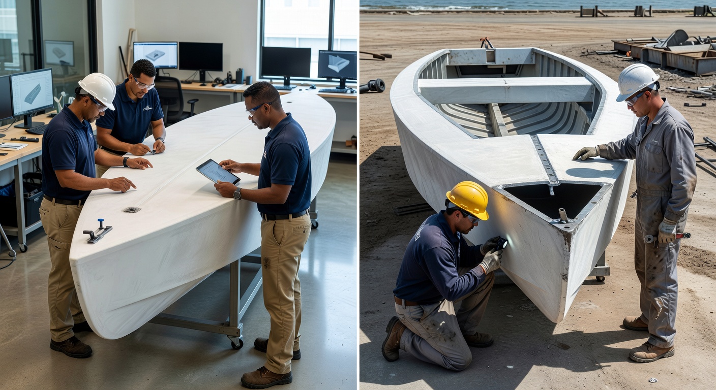 Engineers working on a custom boat hull design