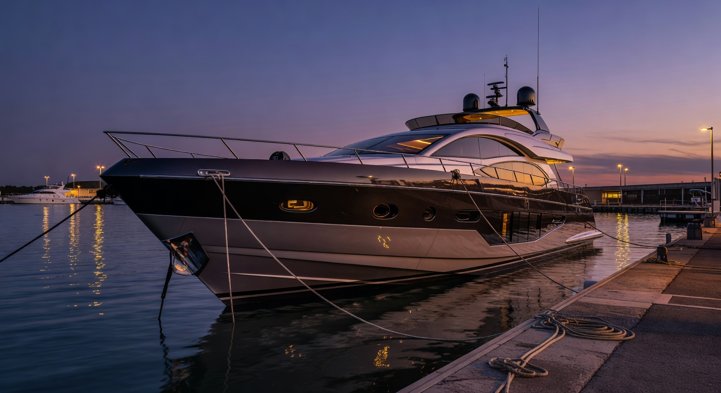 Finished custom yacht docked at dusk ready for delivery