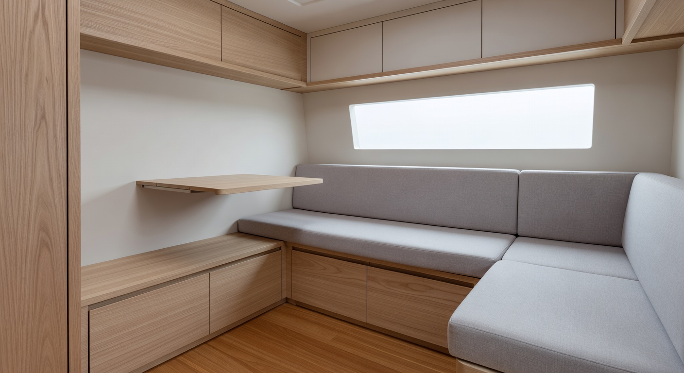 Minimalist boat interior showing smart use of space and materials