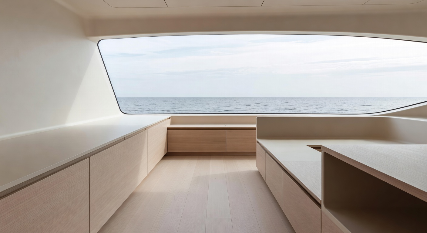 Minimalist yacht interior deck looking out to sea