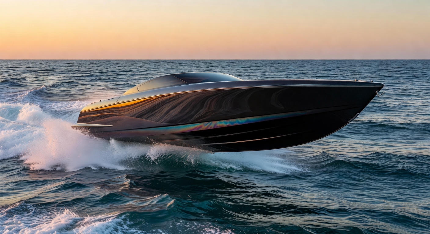 Sleek dark custom boat cruising at high speed