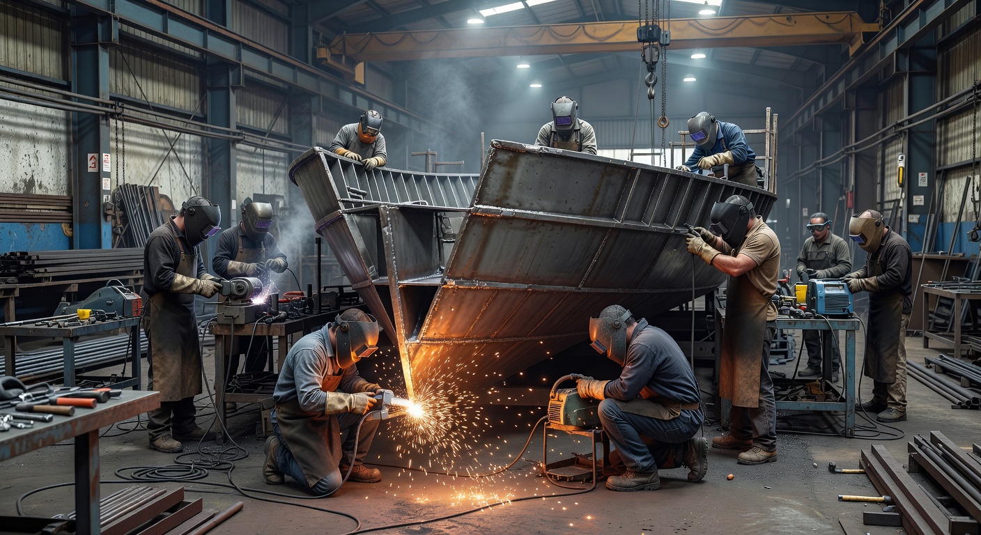 Welding and manufacturing a boat hull in an industrial facility